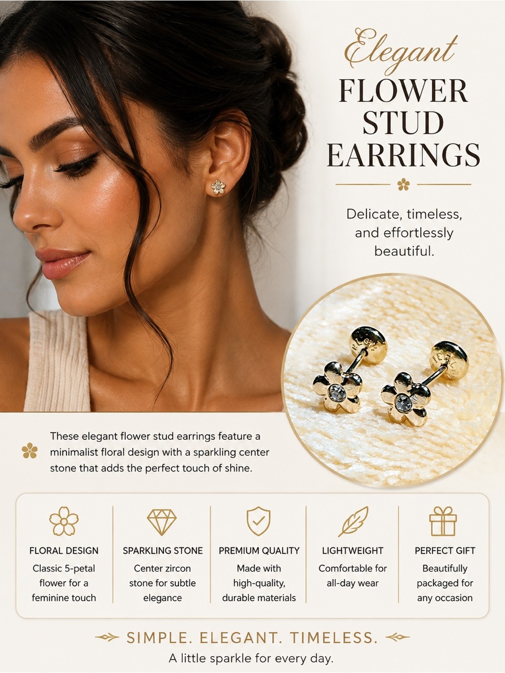 Elegant Gold Flower Stud Earrings with Sparkling Stone